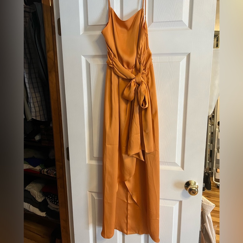 Express Satin Belted High-Low Golden Yellow Sleeveless Dress